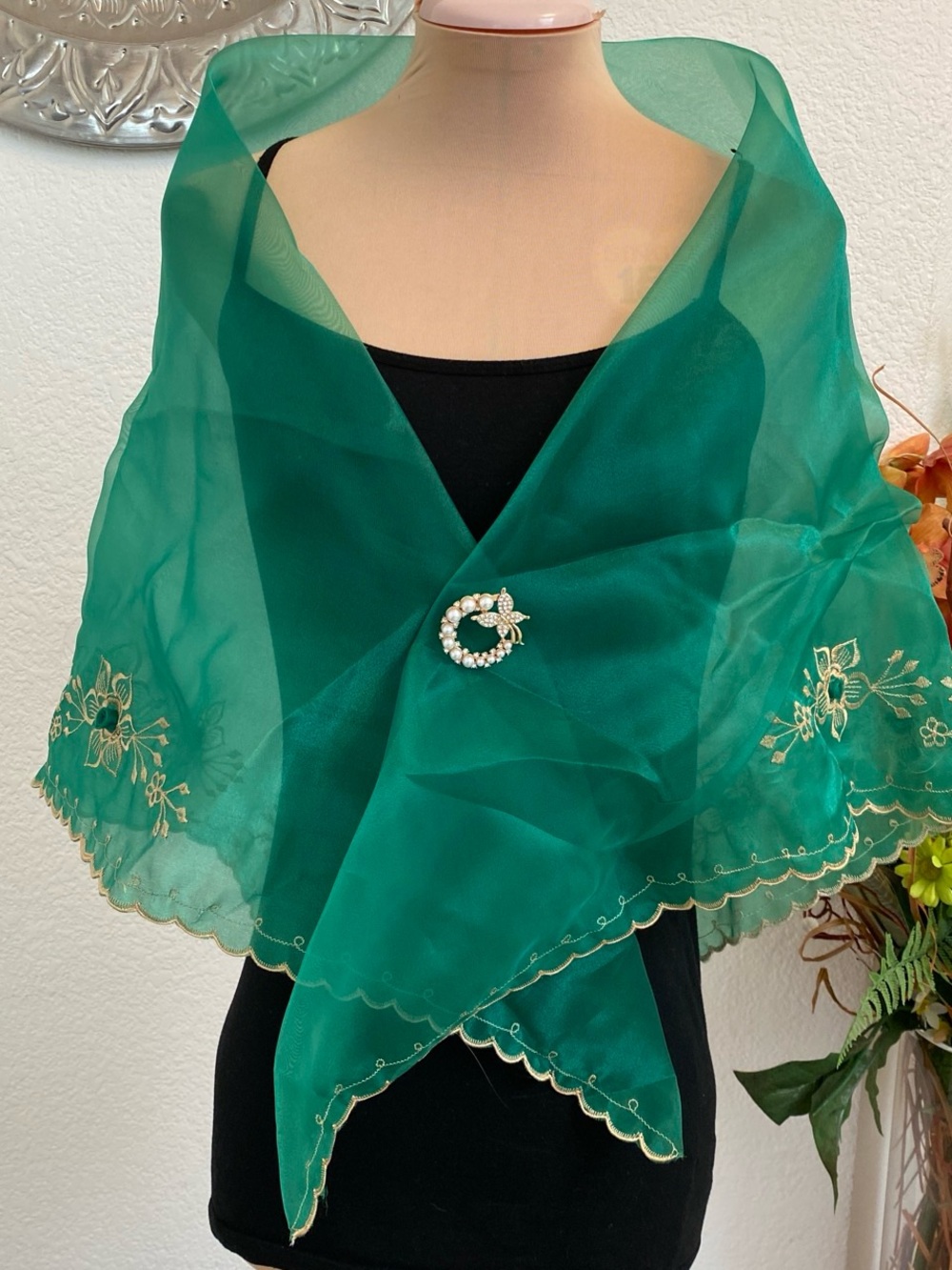Filipiniana Emerald Green Embroidered Organza Shawl with Decorative Brooch